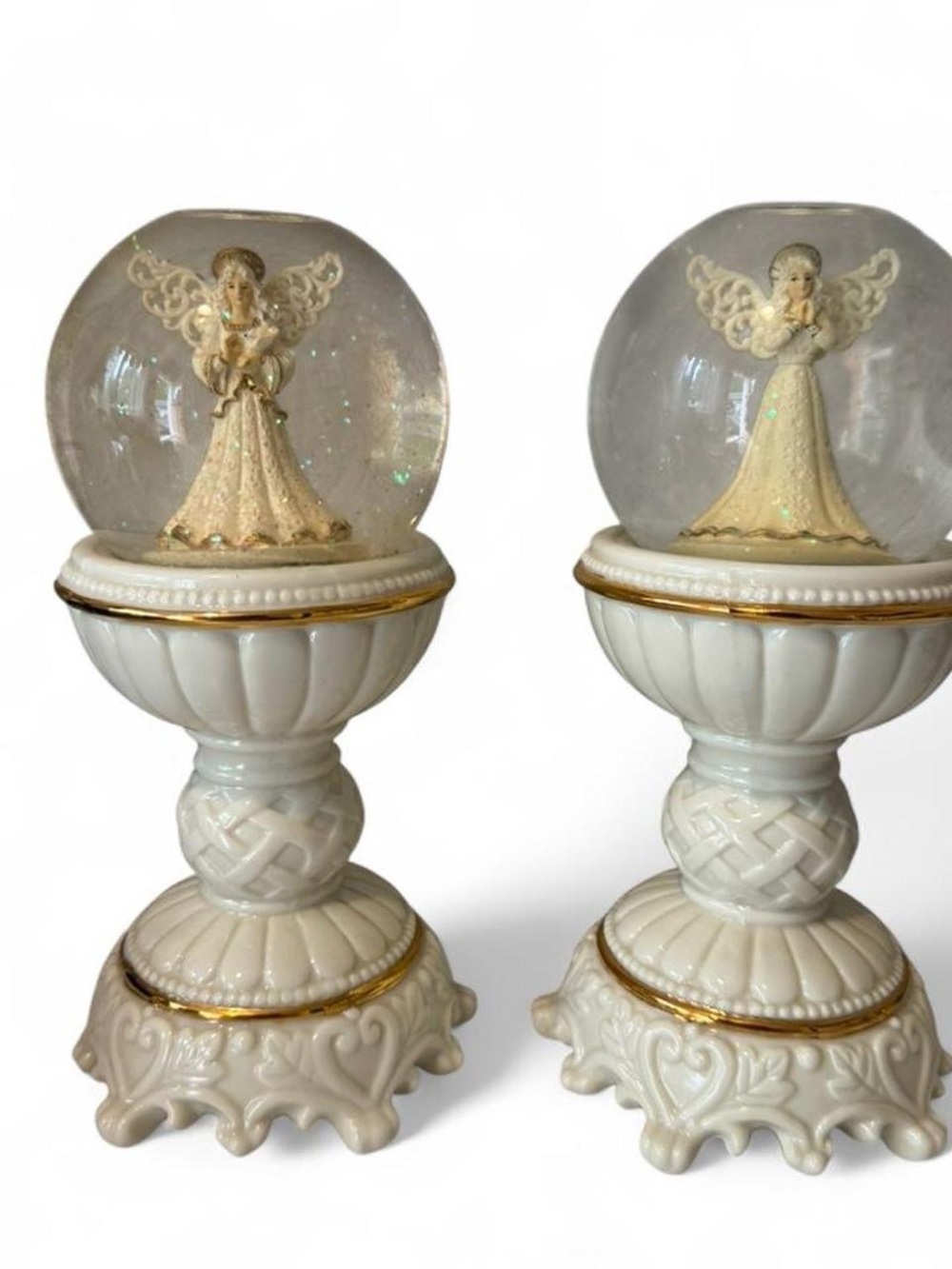 2 dillards trimmings pedestal angel snow globes